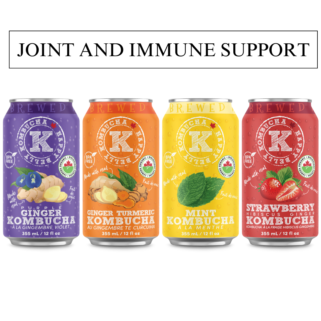 joint and immune sport happy belly kombucha purple ginger, ginger turmeric, strawberry hibiscus ginger, and mint kombucha flavors brewed cans