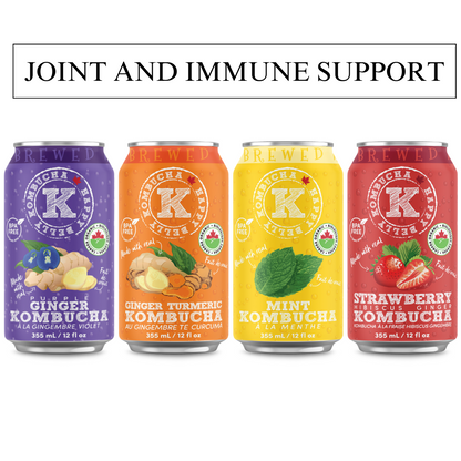 joint and immune sport happy belly kombucha purple ginger, ginger turmeric, strawberry hibiscus ginger, and mint kombucha flavors brewed cans