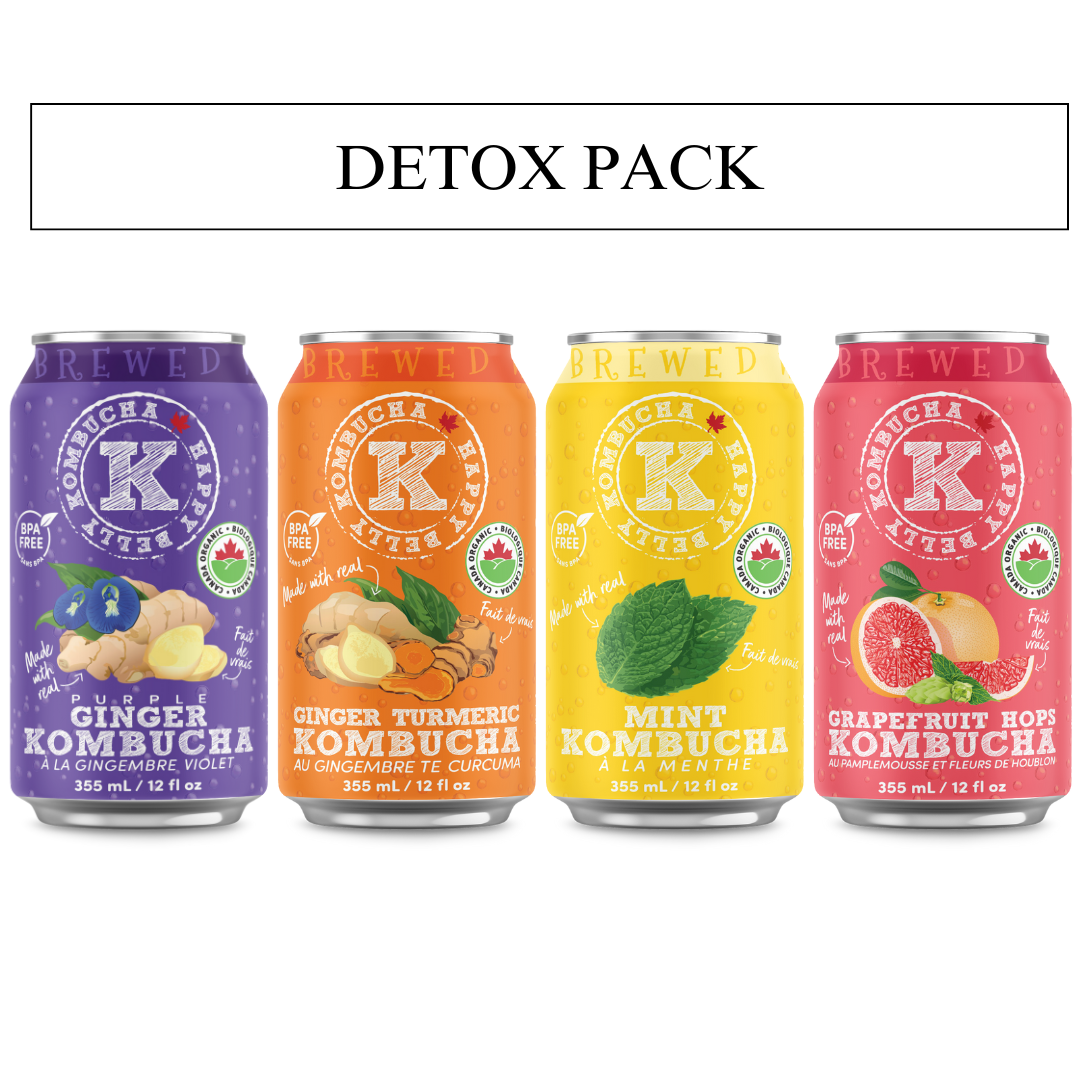 detox pack happy belly kombucha purple ginger, ginger turmeric, grapefruit hops, and mint kombucha flavors brewed cans