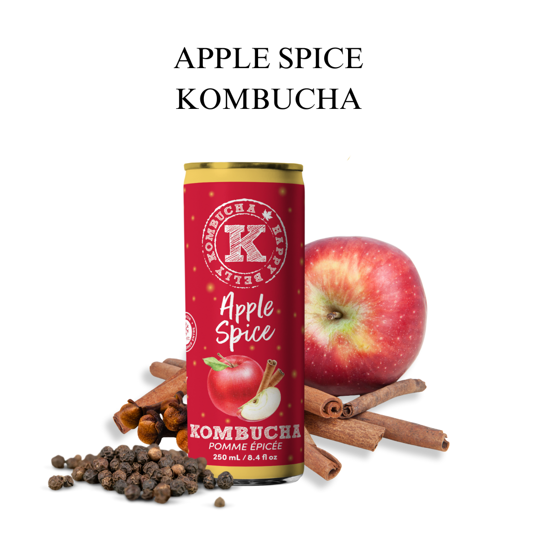 happy belly kombucha apple spice kombucha 250ml can red with apple cinnamon and spices