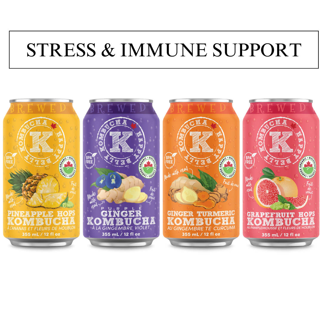 stress & immune support happy belly kombucha pineapple hops, purple ginger, ginger turmeric, and grapefruit hops kombucha flavors brewed cans