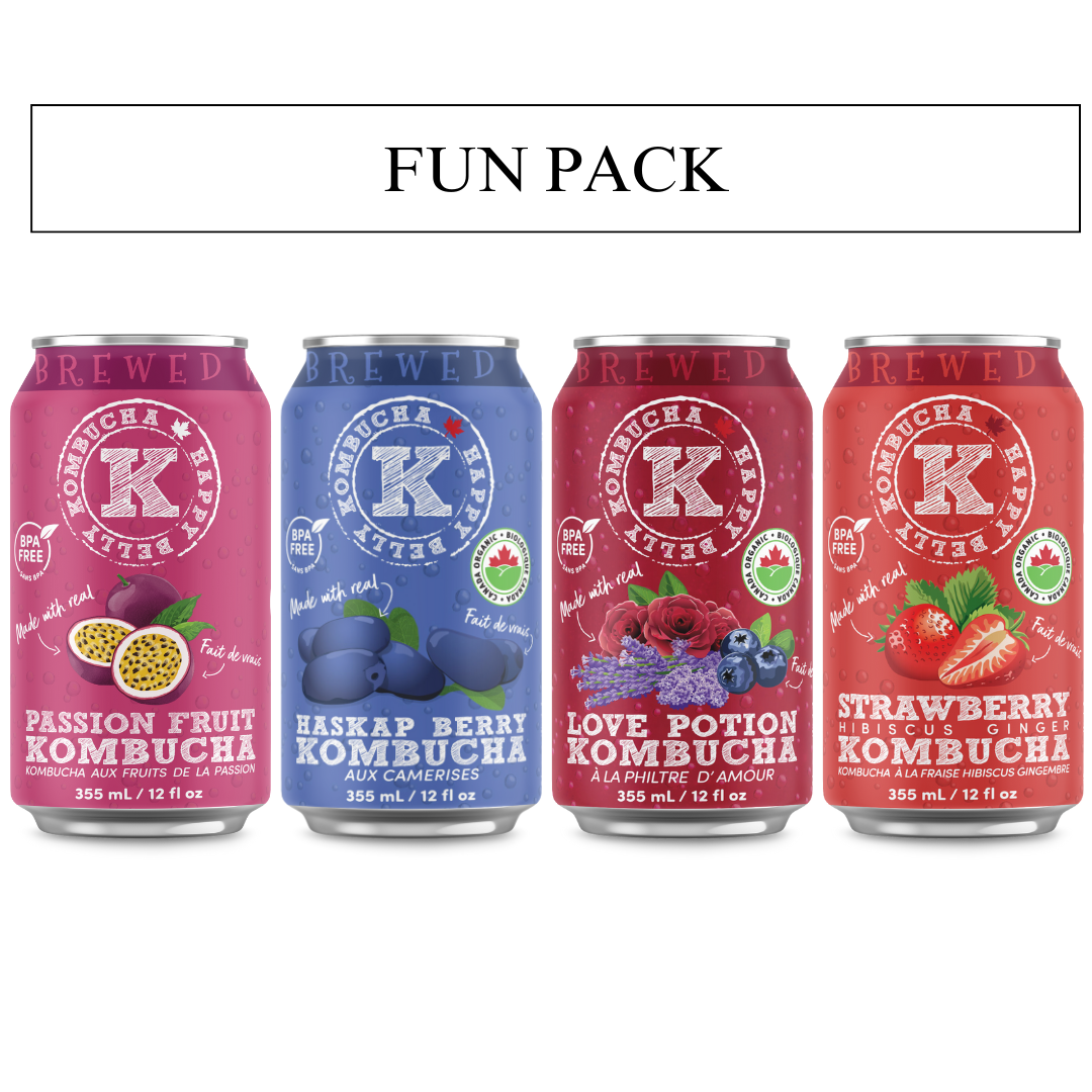 fun pack happy belly kombucha passion fruit, haskap berry, love potion, and strawberry hibiscus ginger kombucha flavors brewed cans