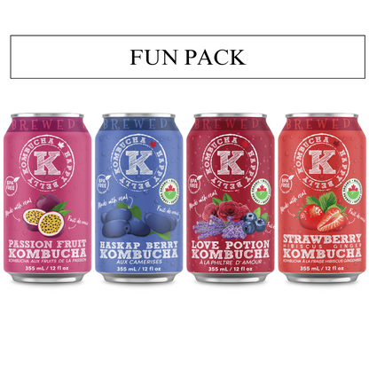 fun pack happy belly kombucha passion fruit, haskap berry, love potion, and strawberry hibiscus ginger kombucha flavors brewed cans