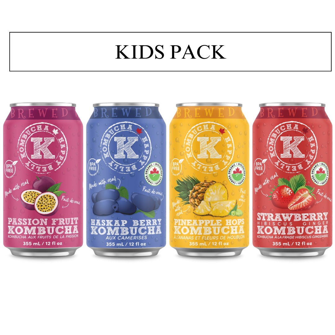 kids pack happy belly kombucha passion fruit, haskap berry, pineapple hops, and strawberry hibiscus ginger kombucha flavors brewed cans