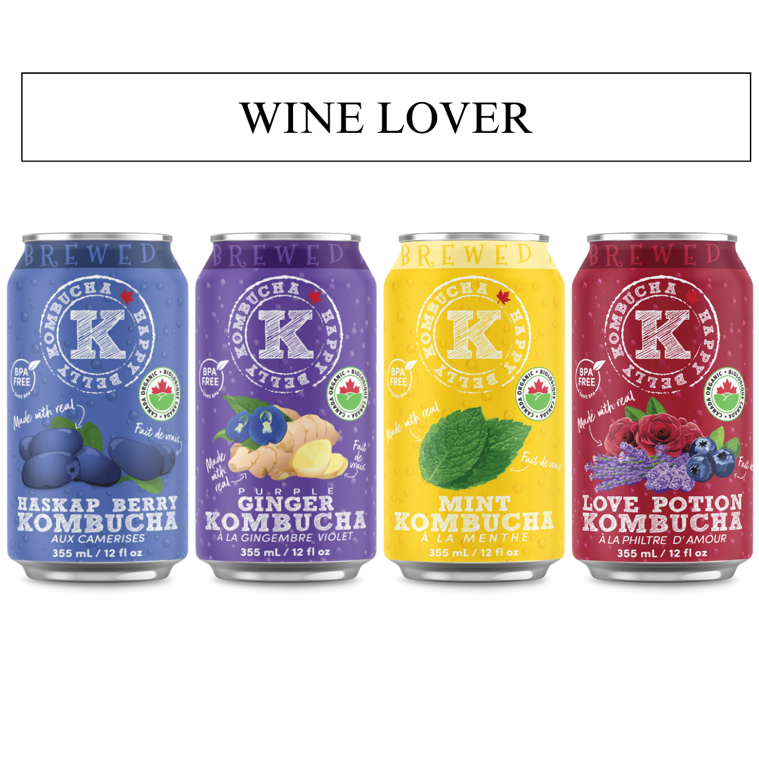 wine lover happy belly kombucha haskap berry, purple ginger, love potion, and mint kombucha flavors brewed cans