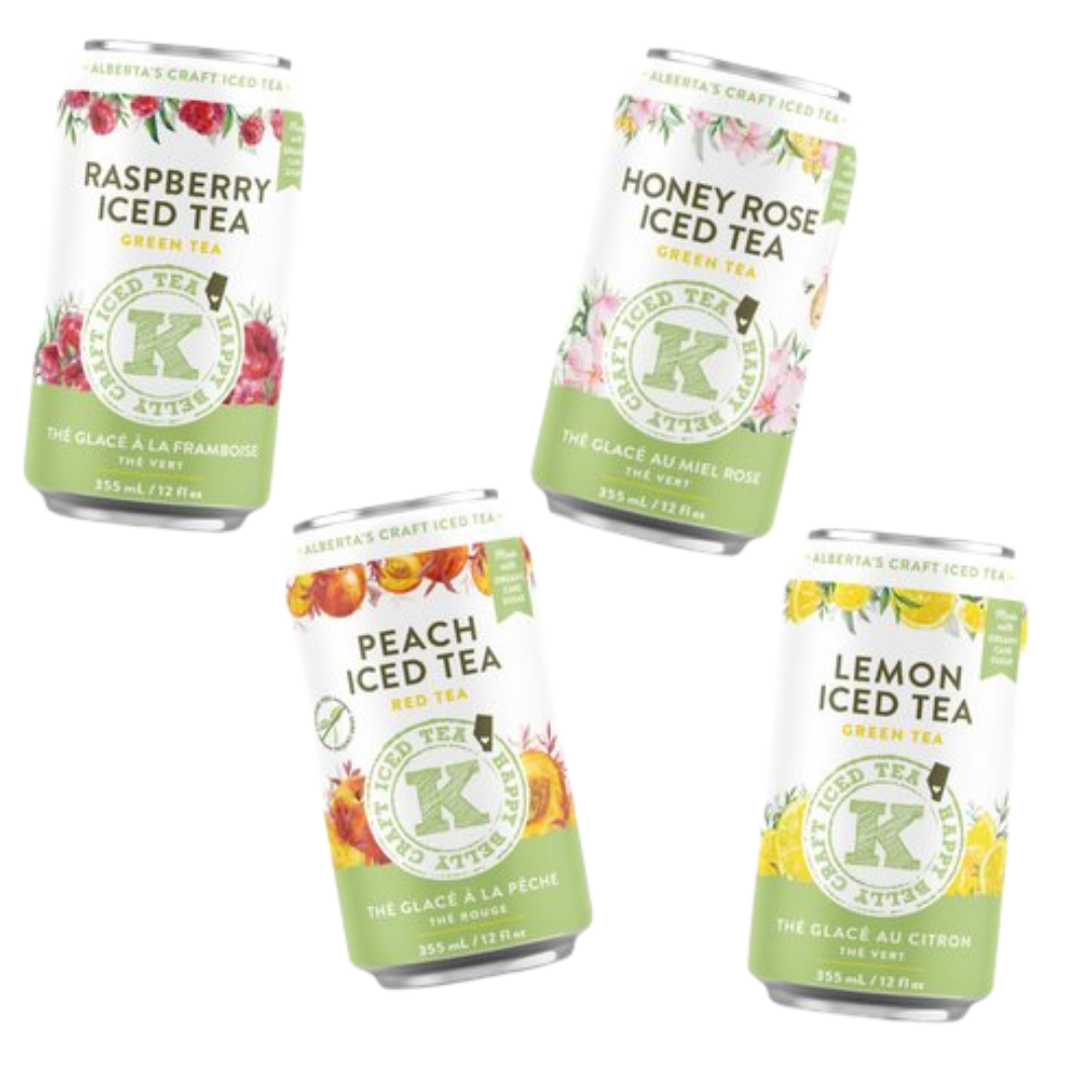 happy belly kombucha iced tea all assorted flavors raspberry, honey rose, peach and lemon flavors