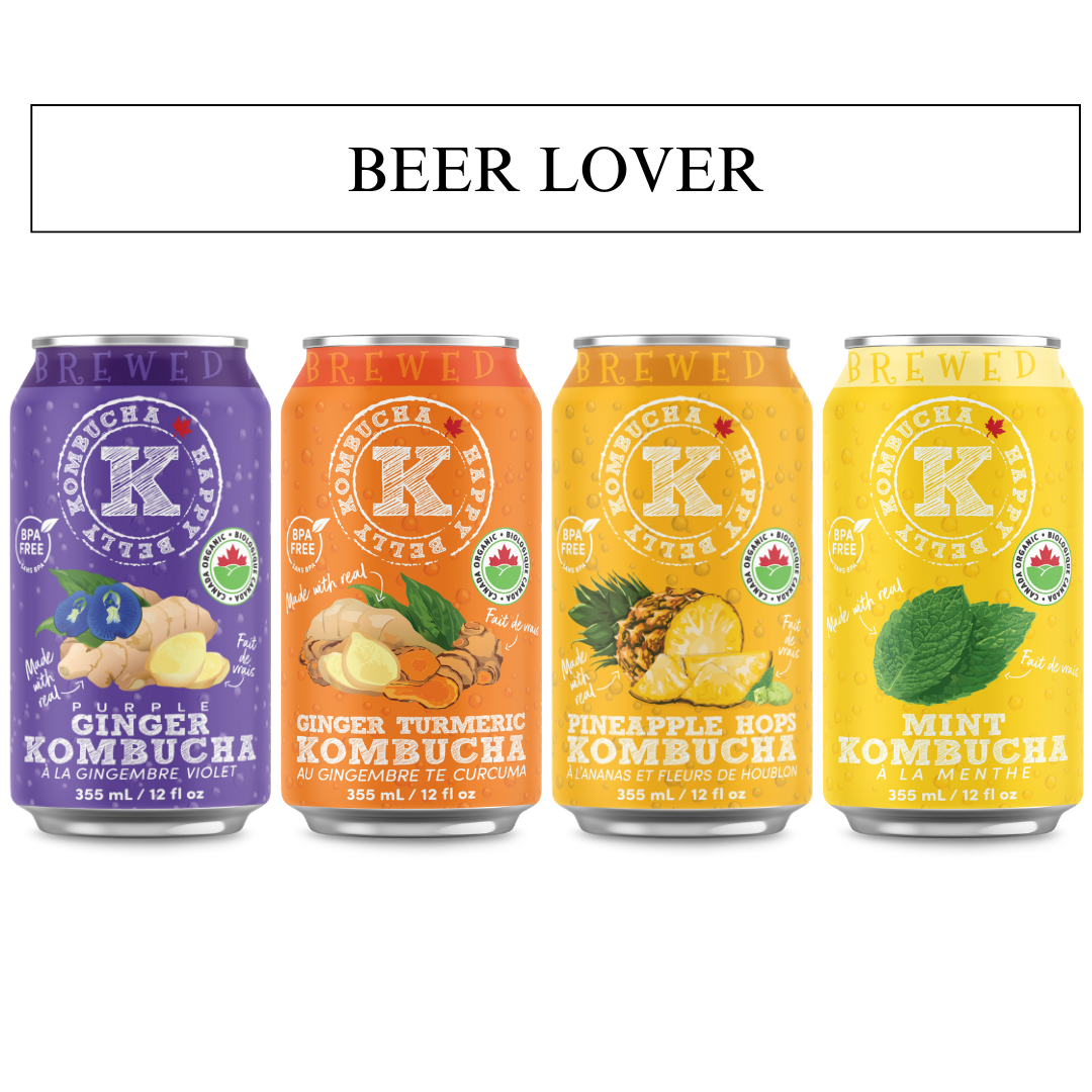 new to the brew happy belly kombucha purple ginger, ginger turmeric, pineapple hops, and mint kombucha flavors brewed cans