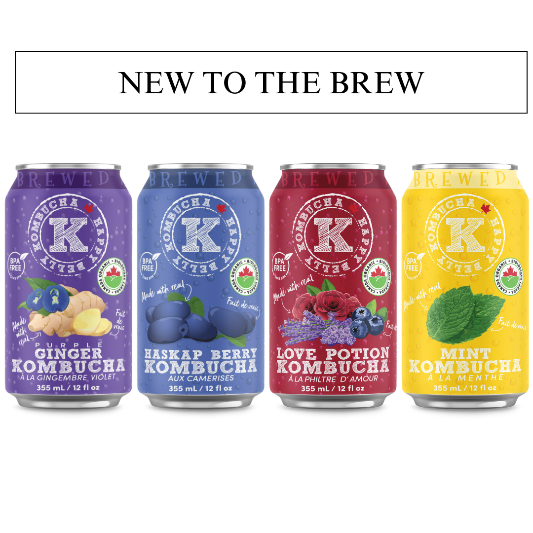 new to the brew happy belly kombucha purple ginger, haskap berry, love potion, and mint kombucha flavors brewed cans