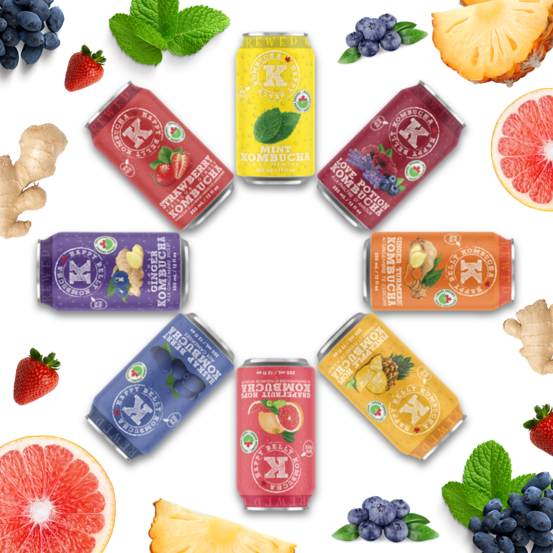 happy belly kombucha 8 original cans in circle with fruity background