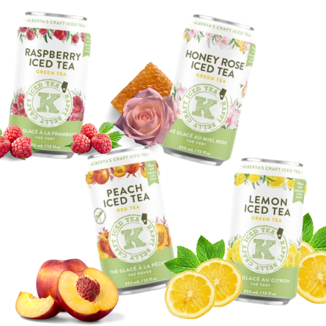 happy belly kombucha alberta's craft iced tea raspberry, honey rose, peach and lemon iced tea green tea flavor cans all flavors assorted