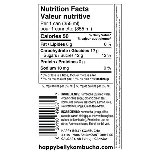 nutrition facts for happy belly kombucha raspberry lemon kombucha flavor can