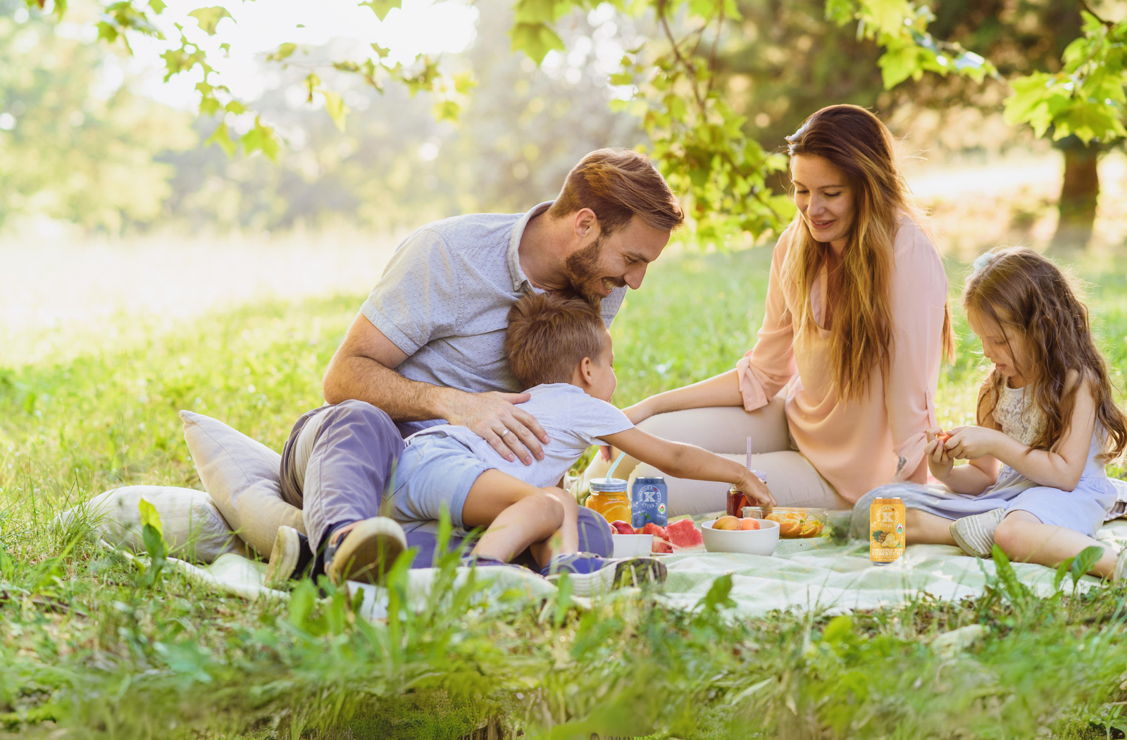 family of four having a picnic in grassfield