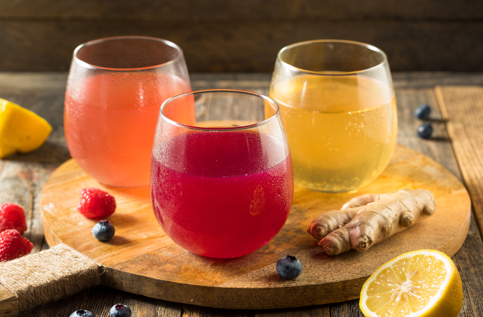 three glasses with red, yellow and orange juices on a board with ginger, lemon and raspberry scattered around the board