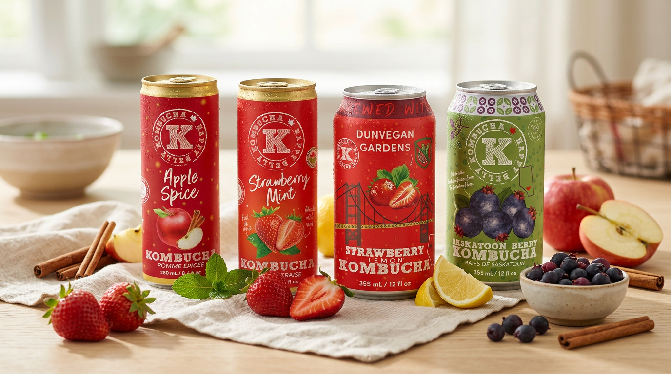 Four cans of Kombucha on a table with fruits and spices