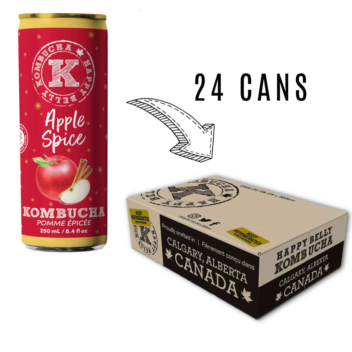 happy belly kombucha apple spice kombucha 250ml can red 24 cans box