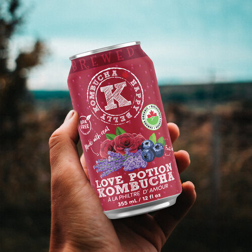 holding a can of happy belly kombucha love potion kombucha brewed