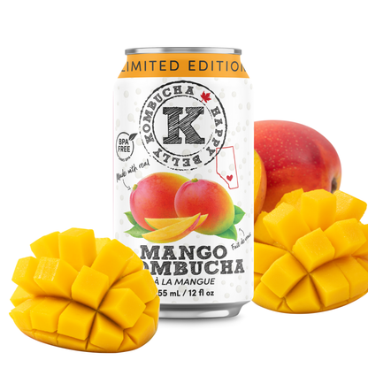 happy belly kombucha limited edition mango kombucha flavor bpa free can with real mangoes in the background