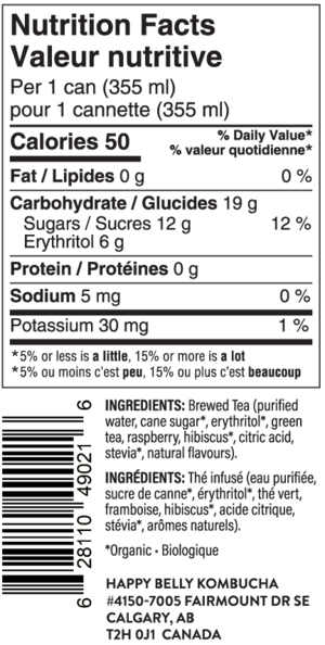 nutrition facts for happy belly kombucha raspberry iced tea green tea flavor