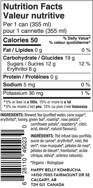 nutrition facts for happy belly kombucha honey rose iced tea green tea flavor