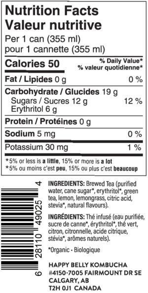 nutrition facts for happy belly kombucha lemon iced tea green tea flavor