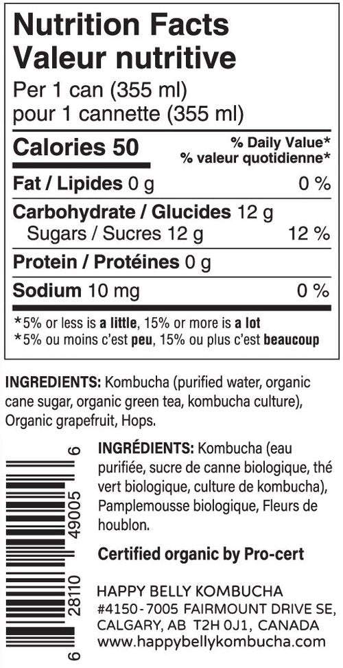 nutrition facts for happy belly kombucha grapefruit hops kombucha brewed flavor