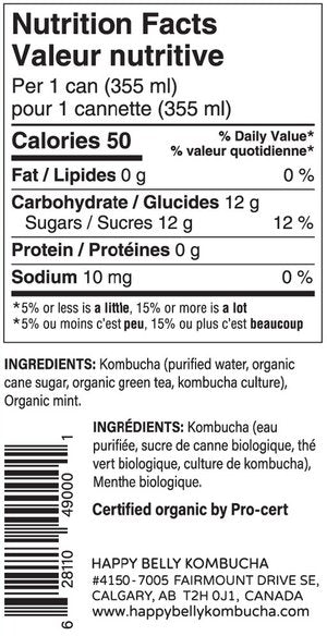 nutrition facts for happy belly kombucha mint kombucha brewed flavor