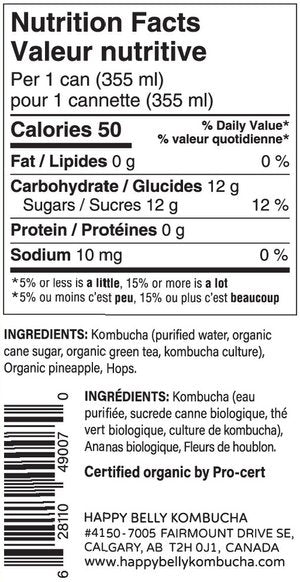 nutrition facts for happy belly kombucha pineapple hops kombucha brewed flavor