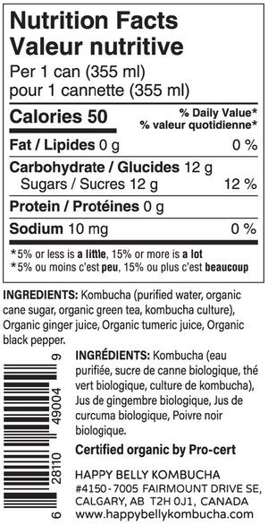 nutrition facts for happy belly kombucha ginger turmeric kombucha brewed flavor