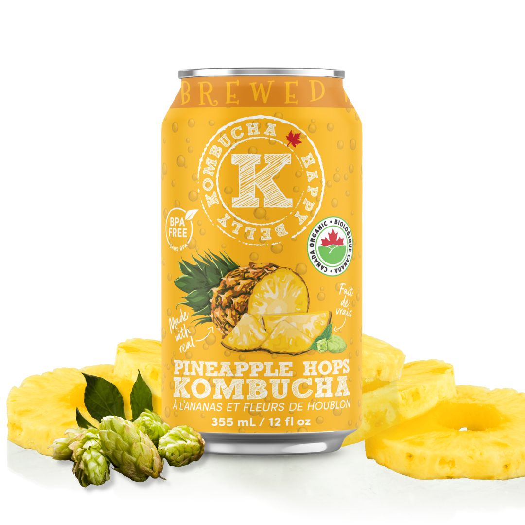 happy belly kombucha pineapple hops kombucha brewed flavor can