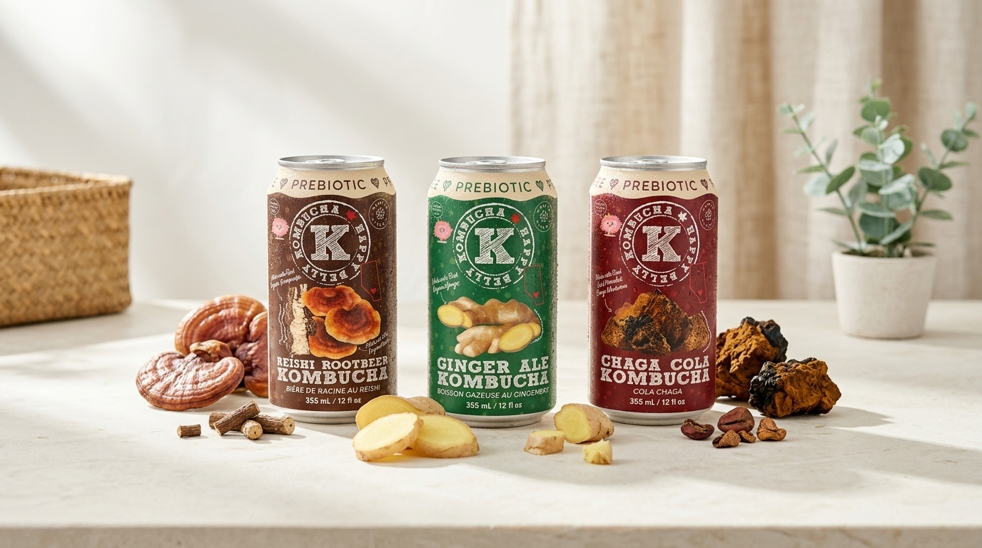 Three cans of Kombucha on a table with ingredients around them