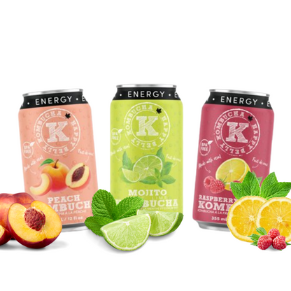 happy belly kombucha clean energy kombucha clean energy peach, mojito mint lime, raspberry lemon flavor cans all assorted flavors