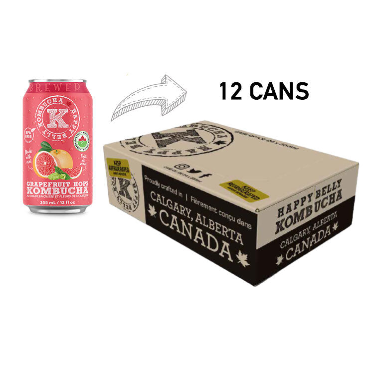 happy belly kombucha grapefruit hops kombucha brewed flavor can 12 cans in a box