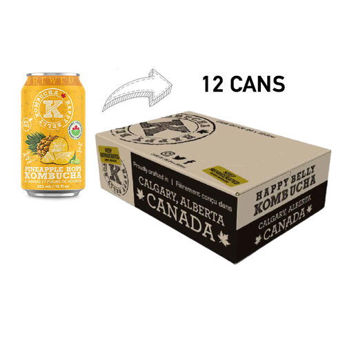 happy belly kombucha pineapple hops kombucha brewed flavor 12 cans in a box