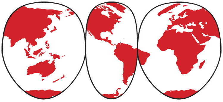 3 parts of a geographic world map in red